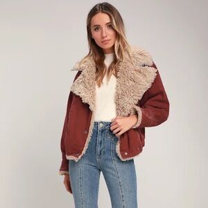 Free People Owen Burgundy Teddy Jacket with Cream Accents
